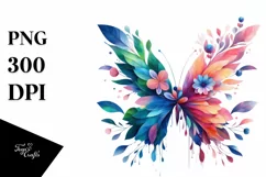Abstract Vibrant Watercolor Butterfly with Flowers PNG Product Image 1