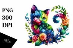 Abstract Vibrant Watercolor Kitten with Flowers PNG Product Image 1