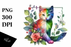 Abstract Vibrant Watercolor Kitten with Flowers PNG Product Image 3