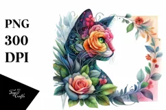 Abstract Vibrant Watercolor Kitten with Flowers PNG Product Image 3