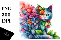 Abstract Vibrant Watercolor Kitten with Flowers PNG Product Image 1