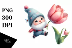 Floating Cute Gnome with Tulip | Watercolor Clipart Product Image 3