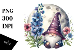Cute Gnome with Delphinium on Moon PNG Product Image 1