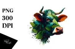 Abstract Vibrant Cow with Plant Leaves PNG Product Image 1