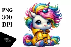 Sitting Baby Unicorn with Raincoat PNG Product Image 1