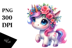 Cute Baby Unicorn with Floral Wreath PNG Product Image 1
