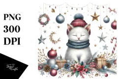 Cute Watercolor Cat with Christmass Decorations PNG Product Image 1