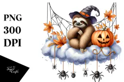 Watercolor Halloween Sloth Sitting on Cloud PNG Product Image 1