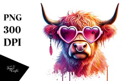 Digital Pink Highland Cow with Heart Sunglasses PNG Product Image 1