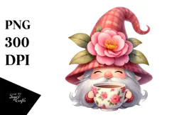 Cute Gnome with Camellia, White Background PNG Product Image 1