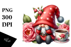 Gnome with Camellia and Cup PNG Product Image 1