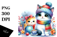 Cute Watercolor Cat with Christmas Decorations PNG Product Image 1