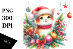 Cute Watercolor Cat with Christmas Decorations PNG Product Image 1