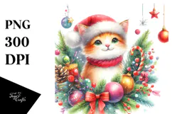 Cute Watercolor Cat with Christmas Decorations PNG Product Image 1