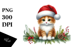 Cute Watercolor Cat with Christmas Decorations PNG Product Image 1