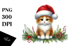 Cute Watercolor Cat with Christmas Decorations PNG Product Image 1
