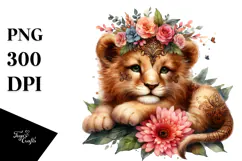 Digital Watercolor with Adorned Baby Lion, Transparent PNG Product Image 1