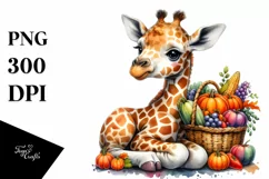 Baby Giraffe with Autumn Vegetables | Watercolor Clipart Product Image 1