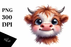 Watercolor Simple Funny Baby Face with Highland Cow PNG Product Image 3