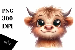 Watercolor Simple Funny Baby Face with Highland Cow PNG Product Image 3