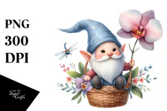 Cute Floating Gnome with Orchid PNG Product Image 1