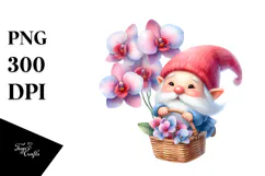 Cute Floating Gnome with Orchid PNG Product Image 1