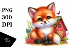 Baby Fox Sitting with Barn | Watercolor Clipart Product Image 3