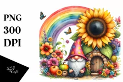 Gnome House with Sunflower and Rainbow | Watercolor Clipart Product Image 1
