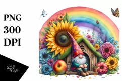Gnome House with Sunflower and Rainbow | Watercolor Clipart Product Image 3