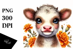 Smiling Baby Cow with Marigold PNG Product Image 1