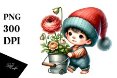 Cute Watercolor Baby Gnome with Ranunculus PNG Product Image 1