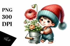 Cute Watercolor Baby Gnome with Ranunculus PNG Product Image 1