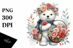 Detailed Watercolor Boho Cute Baby Polar Bear with Rose Product Image 1
