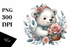 Detailed Watercolor Boho Cute Baby Polar Bear with Rose Product Image 1