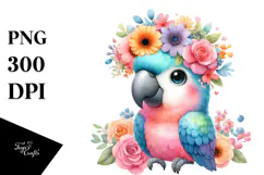 Cartoon-Style Macaw Sitting with Flower Crown PNG Product Image 1