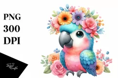 Cartoon-Style Macaw Sitting with Flower Crown PNG Product Image 1