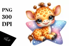 Colorful Watercolor Baby Giraffe Cuddling Star | Sublimation Product Image 1