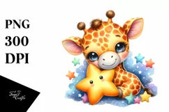 Colorful Watercolor Baby Giraffe Cuddling Star | Sublimation Product Image 3