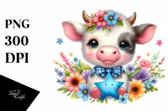 Whimsical Smiling Baby Cow with Star Flowers Product Image 1