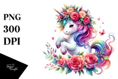 Cute Unicorn with Floral Wreath, PNG Product Image 1