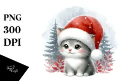Cute Watercolor Cat with Christmas Decorations PNG Product Image 1