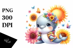 Watercolor Baby Dolphin Whimsical Flowers Clipart Product Image 1