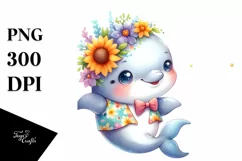 Watercolor Baby Dolphin Whimsical Flowers Clipart Product Image 1
