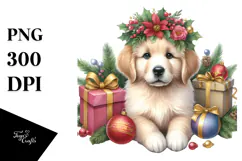 Cute Watercolor Golden Retriever with Christmas Gifts PNG Product Image 1