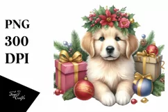Cute Watercolor Golden Retriever with Christmas Gifts PNG Product Image 1