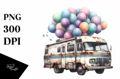 Vintage Rusted RV with Huge Balloons PNG Product Image 1
