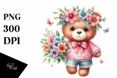 Watercolor Baby Bear Whimsical Flowers Clipart Product Image 3