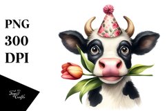Cow Watercolor Cow with Tulip in Mouth | Sublimation Clipart Product Image 1