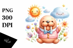 Watercolor Baby Walrus Sun Clouds Clipart Product Image 3
