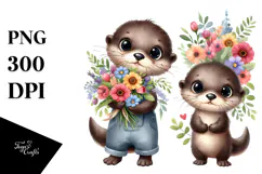 Caricature-Like Otter Flower Bouquet | Clipart Product Image 1